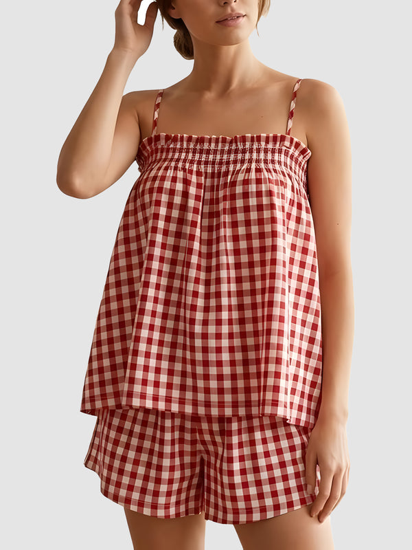 🥰Women's Sleeveless Plaid Cami Tank Tops Wide Leg Shorts Sets