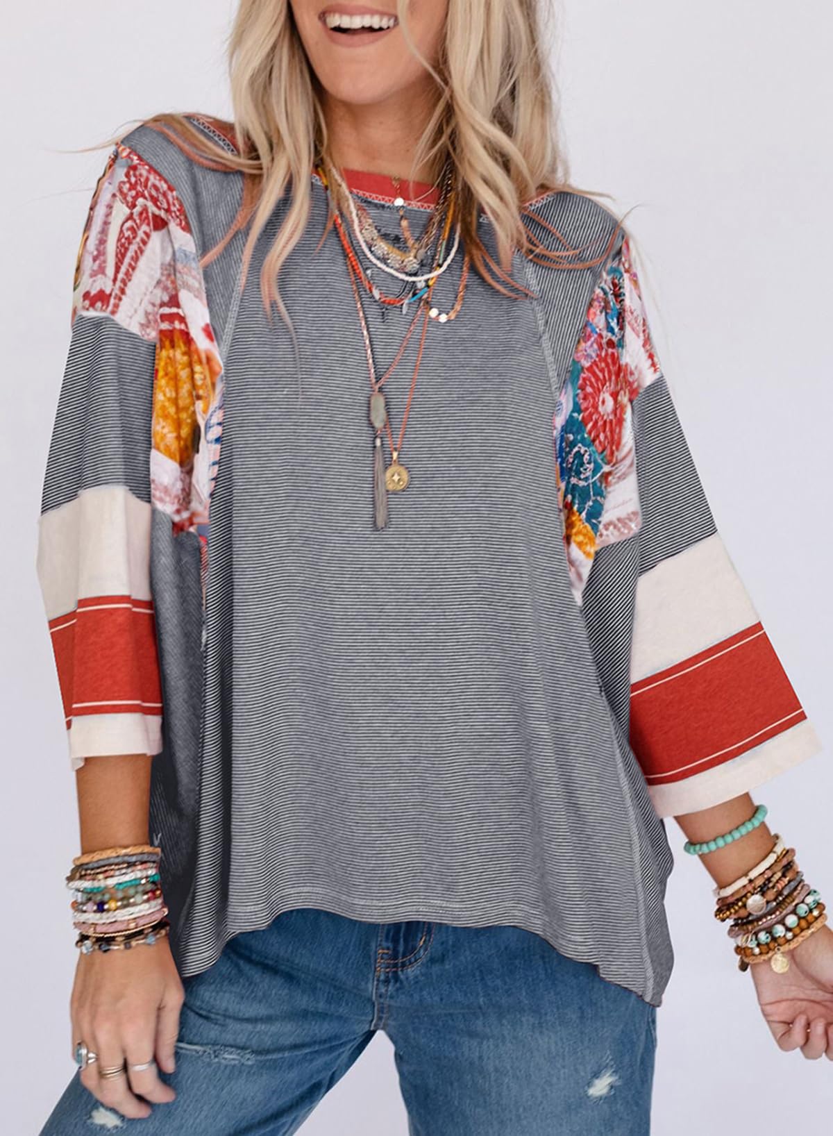 ✨Women's 3/4 Length Sleeve Oversized Striped Patchwork Shirts