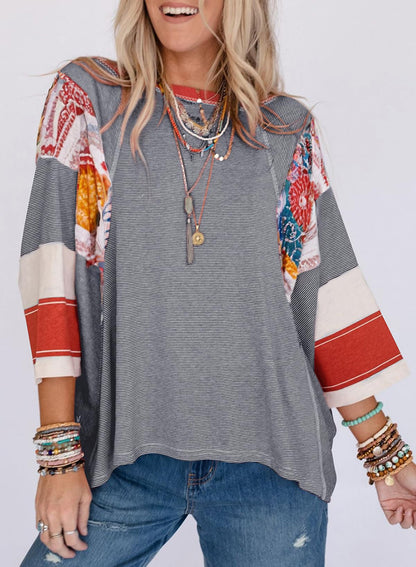 ✨Women's 3/4 Length Sleeve Oversized Striped Patchwork Shirts