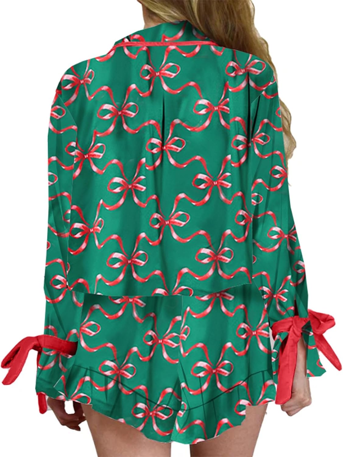 ✨Women's Cute Bow Tie Pjs Button Up Top and Ruffle Shorts Christmas Pajamas