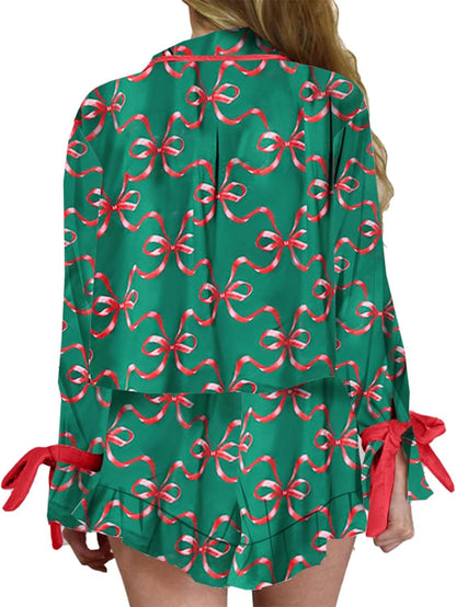 ✨Women's Cute Bow Tie Pjs Button Up Top and Ruffle Shorts Christmas Pajamas
