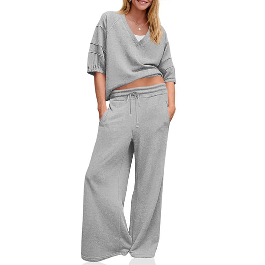 Womens 2 Piece Outfits Casual V Neck Shirts Wide Leg