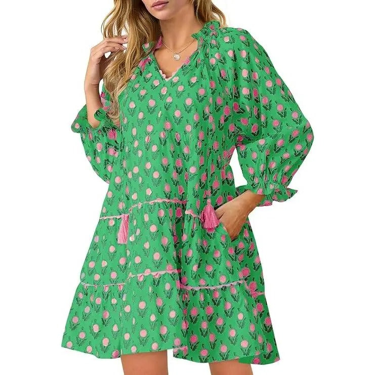 Women's Casual Floral Ruffle V-Neck Mini Dress with Pockets