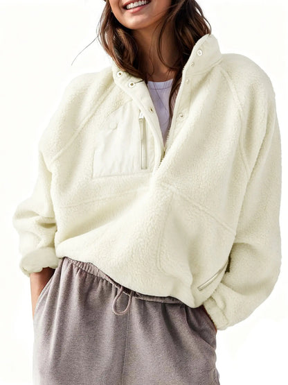 Women Color Block Half Snap Cropped Fleece Pullover Jacket