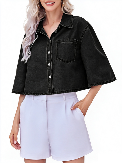 Women Cropped Lapel Shirt Jacket, Waist-Lifting Half Sleeve Layering Outerwear