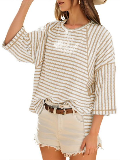 Multi-Tone Striped Relaxed Oversized Crew Neck T-Shirt