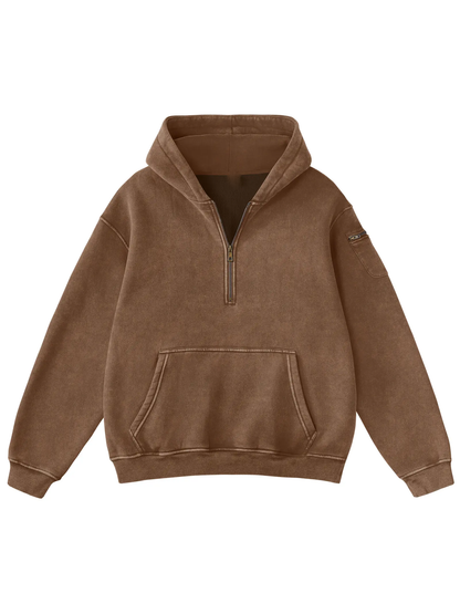 Half Zip Vintage Wash Oversized Hoodie With Dual Storage Pockets