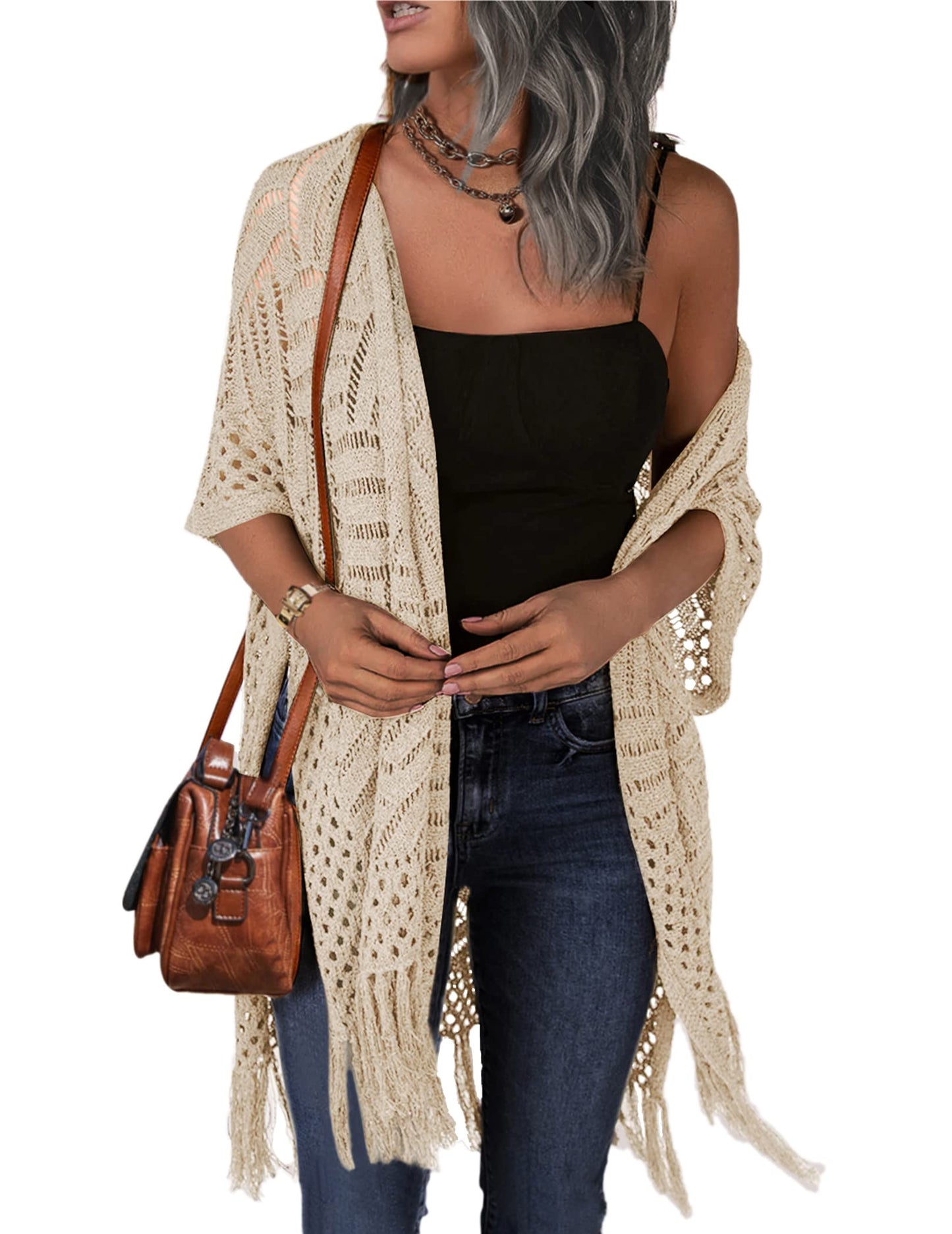 Hollow Crochet Tassel Fringe Open Front Cardigan Cover Up