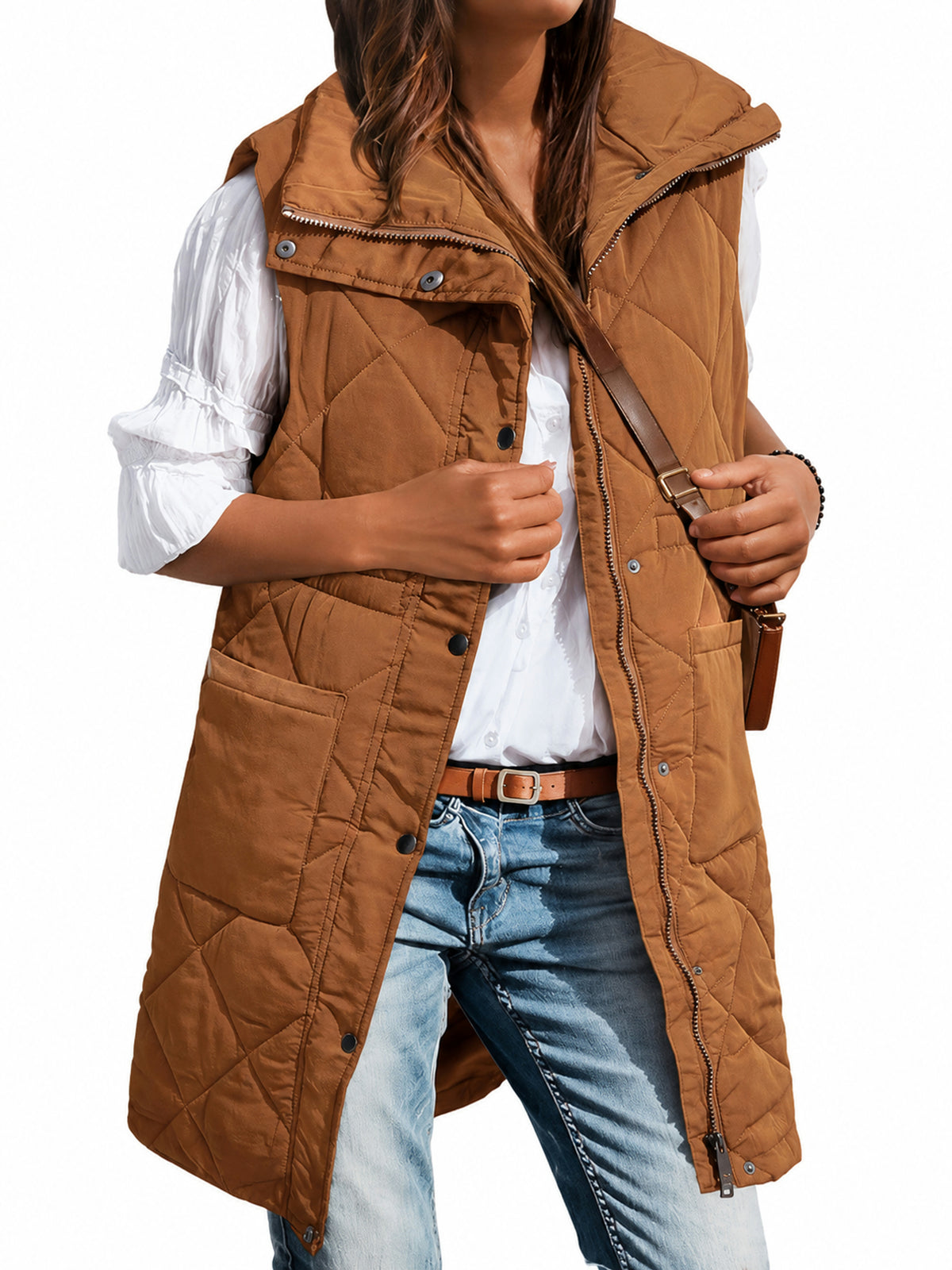Long Stand Collar Puffer Vest With Subtle Cinched Waist And Pockets
