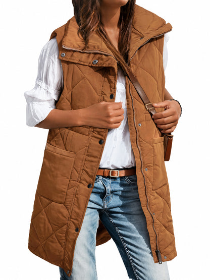 Long Stand Collar Puffer Vest With Subtle Cinched Waist And Pockets