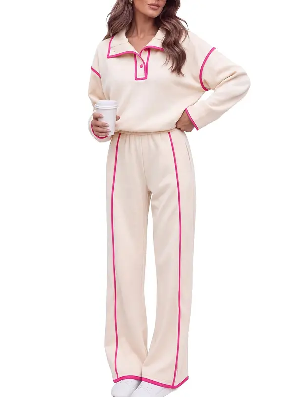 Contrast Piping Long Sleeve Wide Leg Pant Set