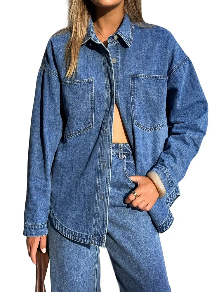 Women Vintage Oversized Button Down Denim Shirt Jacket
