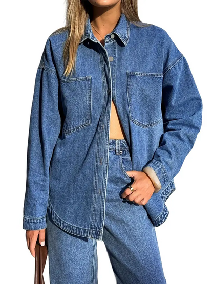 Women Vintage Oversized Button Down Denim Shirt Jacket