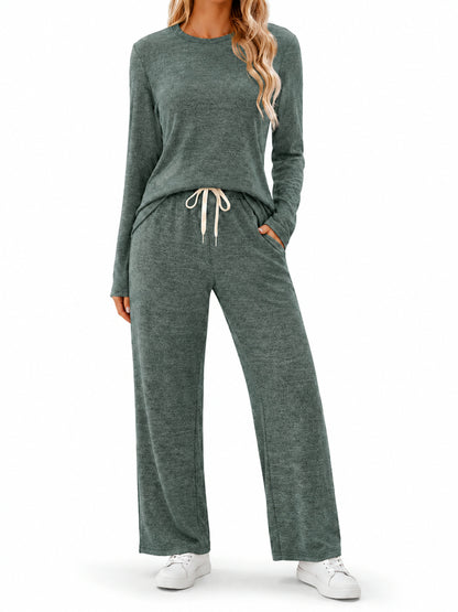 Women Two Piece Lounge Set With Drawstring Waist And Side Pockets