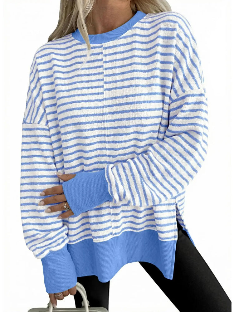 Women Crew Neck Striped Side Slit Loose Long Sleeve Pullover Sweatshirt