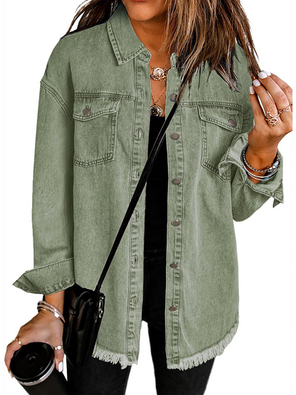 Frayed Hem Relaxed Tailored Lapel Denim Jacket With Symmetric Chest Pockets