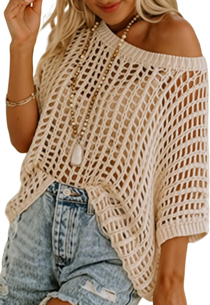 Women Hollow Knit Off Shoulder Casual Short Sleeve Tops