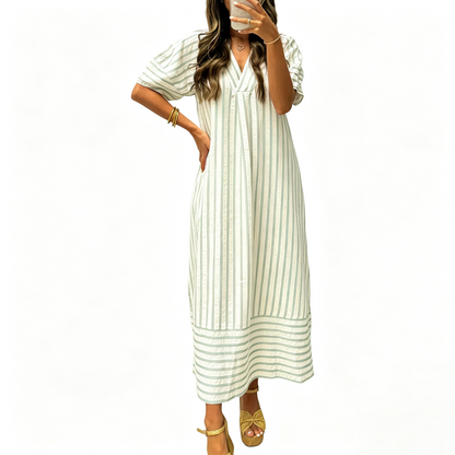 Women V Neck Puff Short Sleeve Striped High Waist Straight Midi Shift Dress