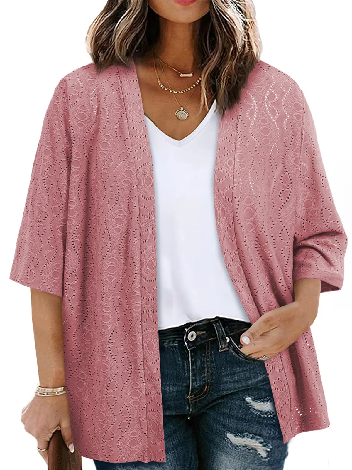 Women Jacquard Hollow Half Sleeve Open Front Cardigan Daily Layering Outer Tops