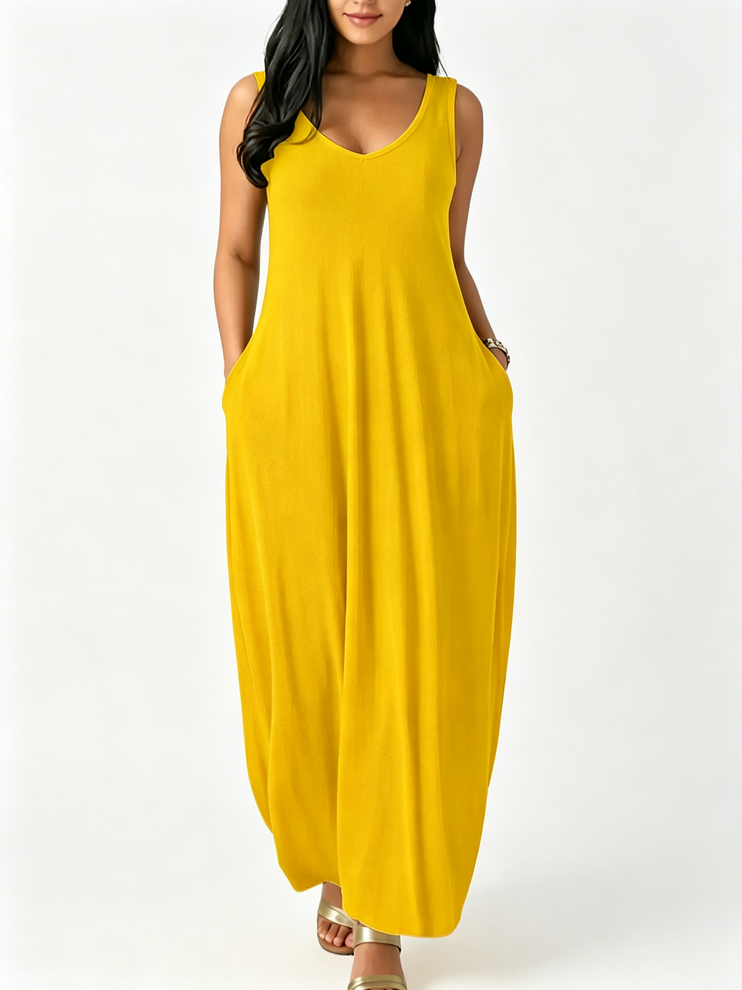 Women Sleeveless Backless Pocket Maxi Loose Casual Daily Long Dress