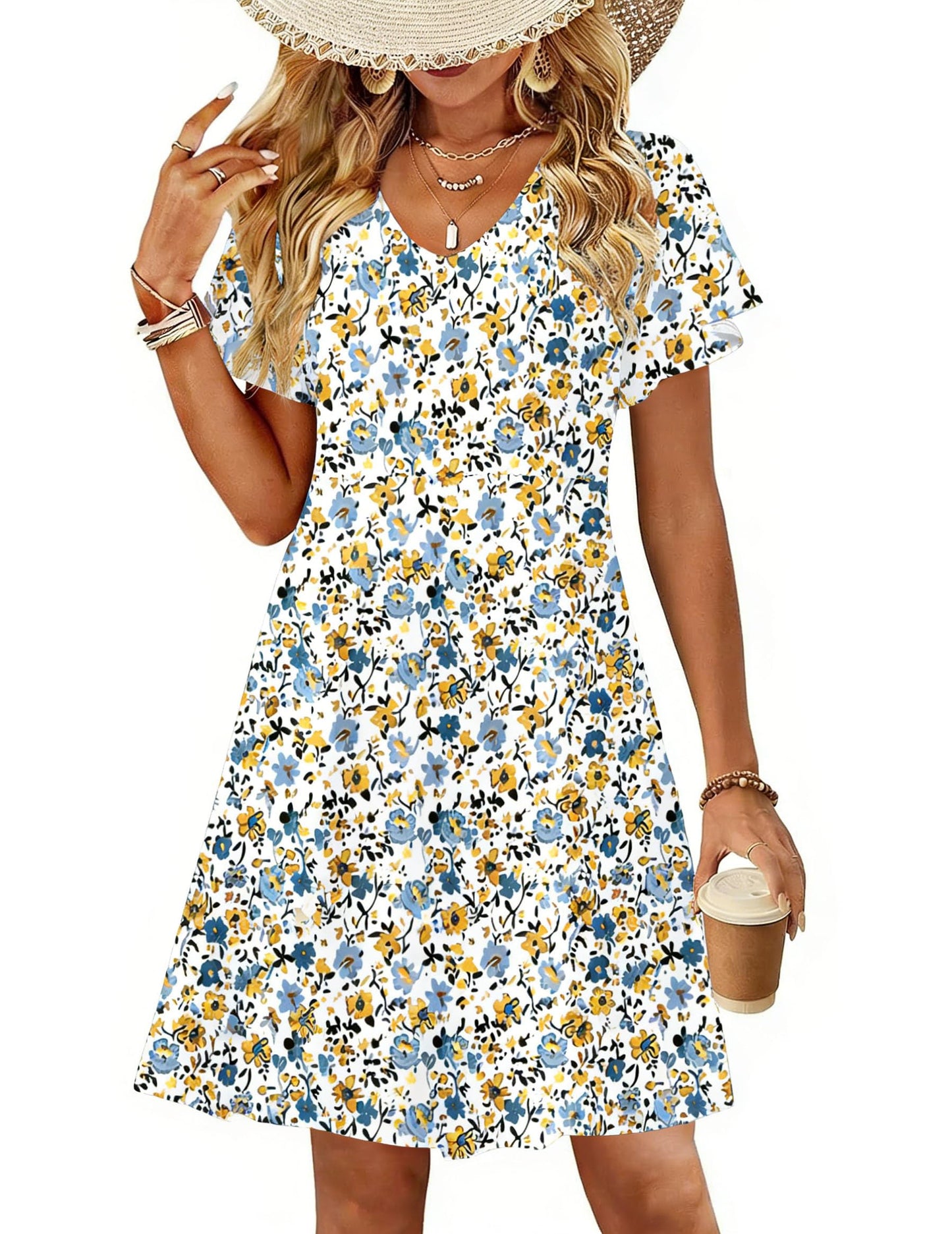 Floral V-Neck Ruffle Sleeve A Line Midi Dress With Pockets Summer Casual Sundress