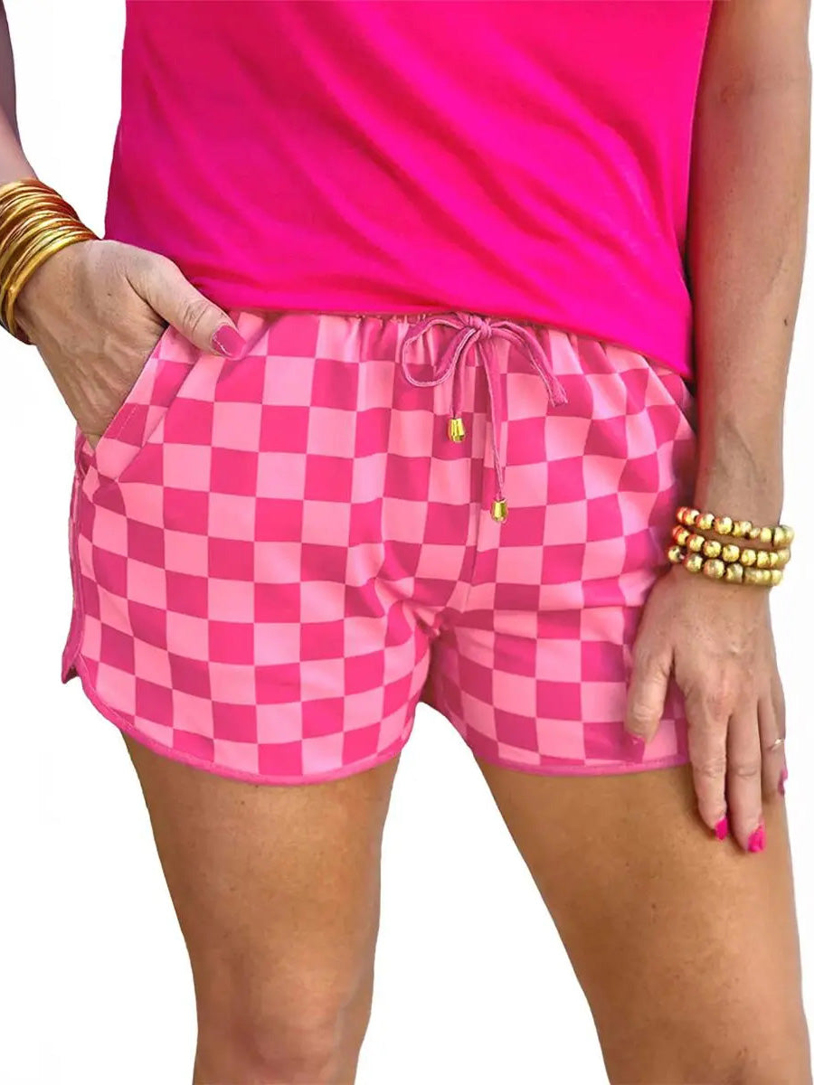 🥰Ladies Check Drawstring Elastic Waist Summer Casual Shorts