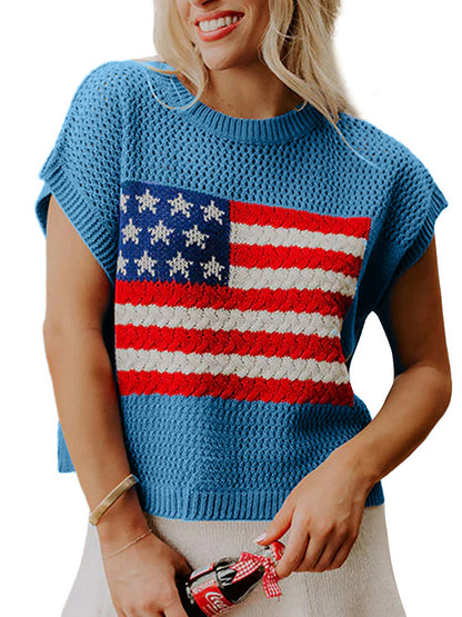 Women American Flag Relaxed Fit Short Sleeve Knit Top for 4th of July