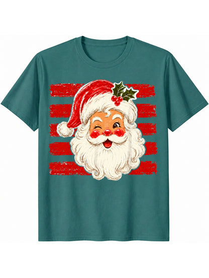Vintage Christmas Santa Print Casual Short Sleeve Top