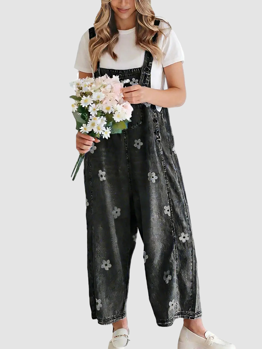 Vintage Floral Jacquard Bib Overalls With Adjustable Straps Wide Leg Denim Jumpsuit