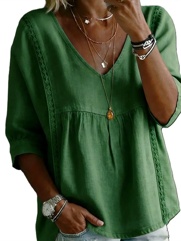 Women's V Neck Lace Trim Babydoll Blouse