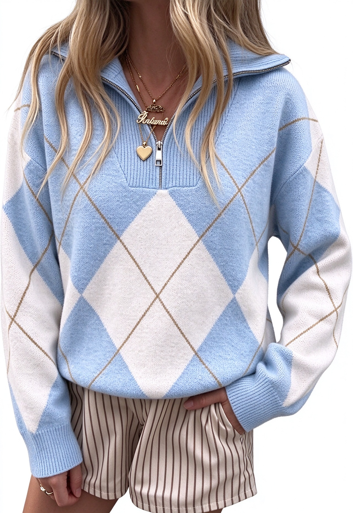 Womens Quarter Zip Argyle Pullover Long Sleeve Top
