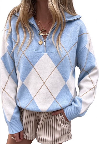 Womens Quarter Zip Argyle Pullover Long Sleeve Top