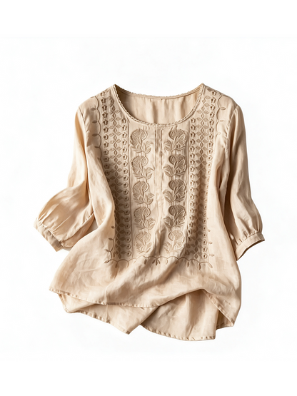 Women's Vintage Embroidered Round Neck Blouse