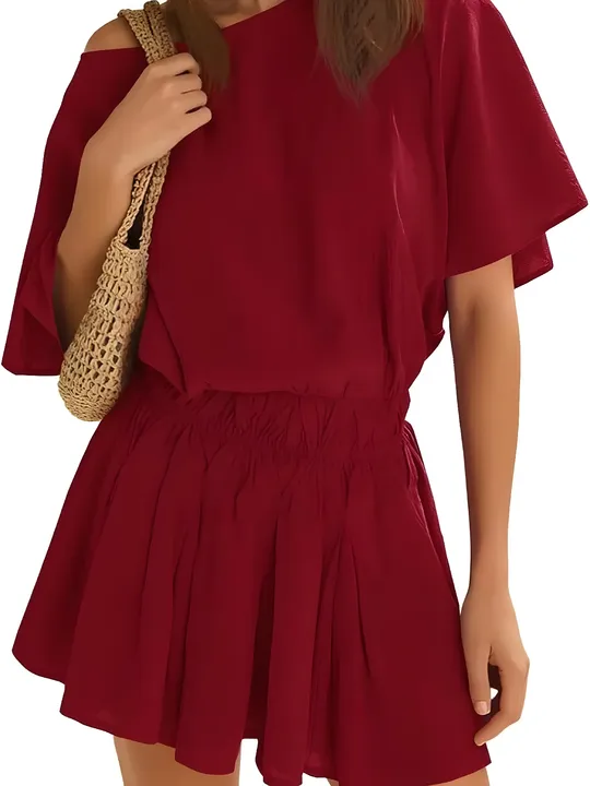 Hot Sale-Women’s Casual Short Sleeve Elastic Waist Loose Flowy Mini Skirt Dress