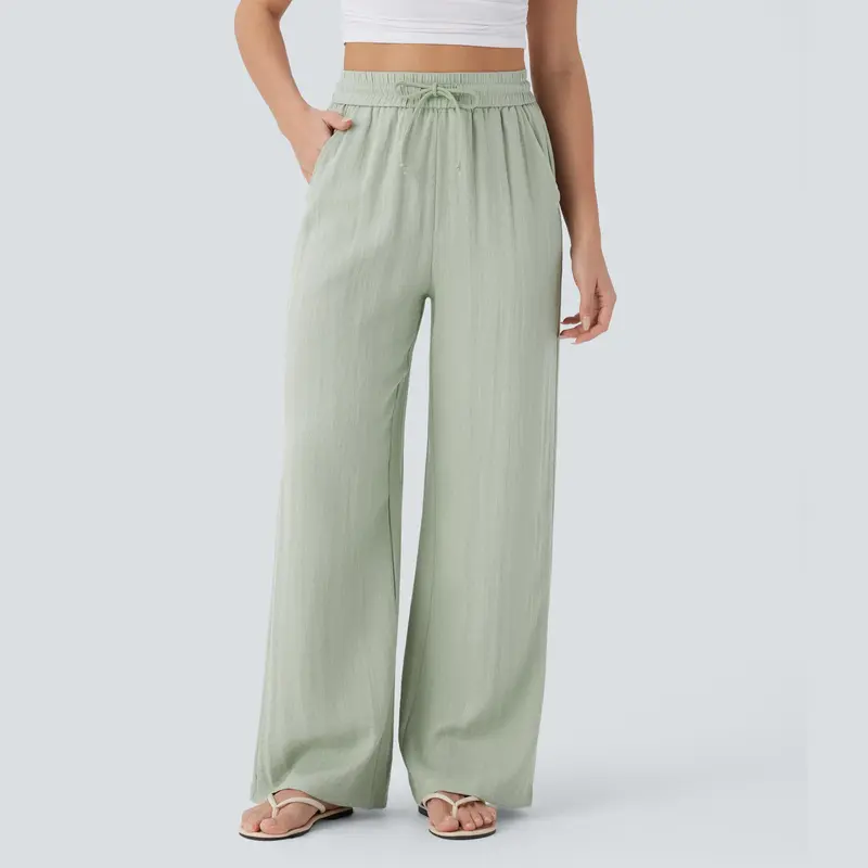 High Waisted Drawstring Pocket Wide Leg Baggy Casual Linen-Feel Pants
