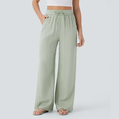 High Waisted Drawstring Pocket Wide Leg Baggy Casual Linen-Feel Pants
