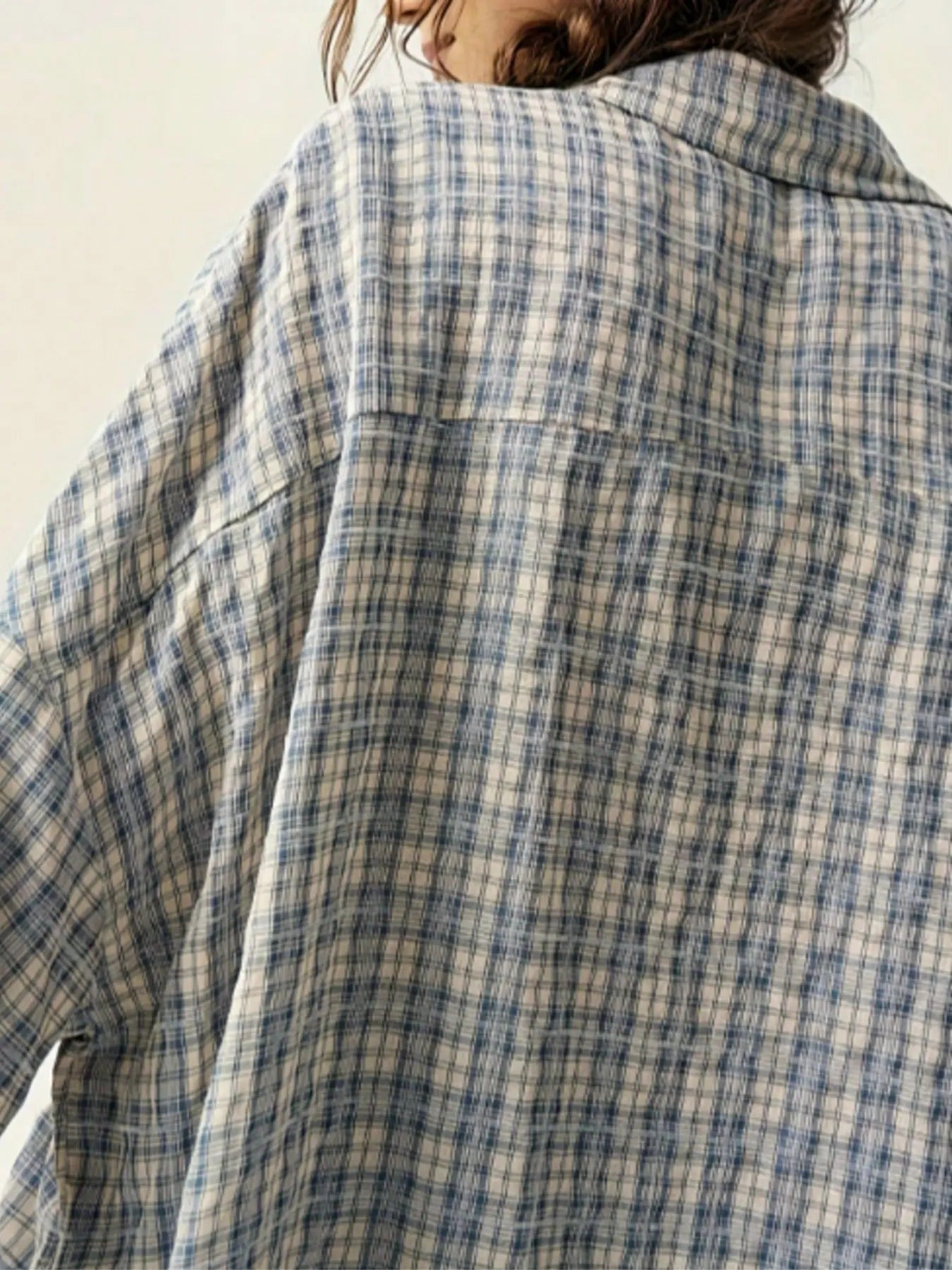 Women's Plaid Oversized Pouch Pocket Long Sleeve Shirt