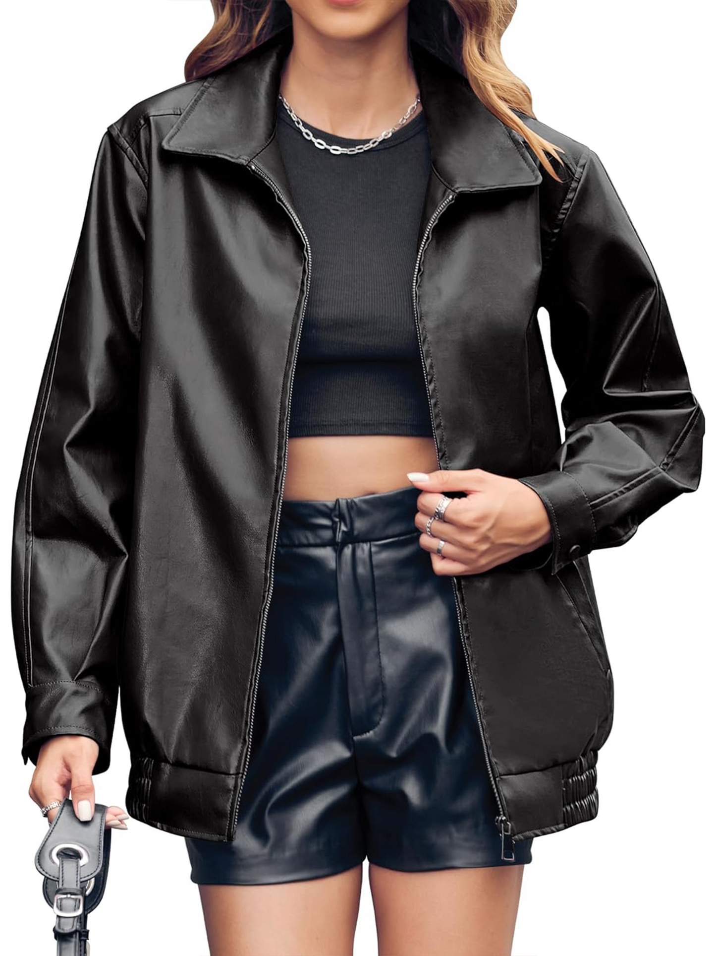 Structured Lapel Zip Moto Jacket With Side Pockets Moderately Roomy Medium Length Coat