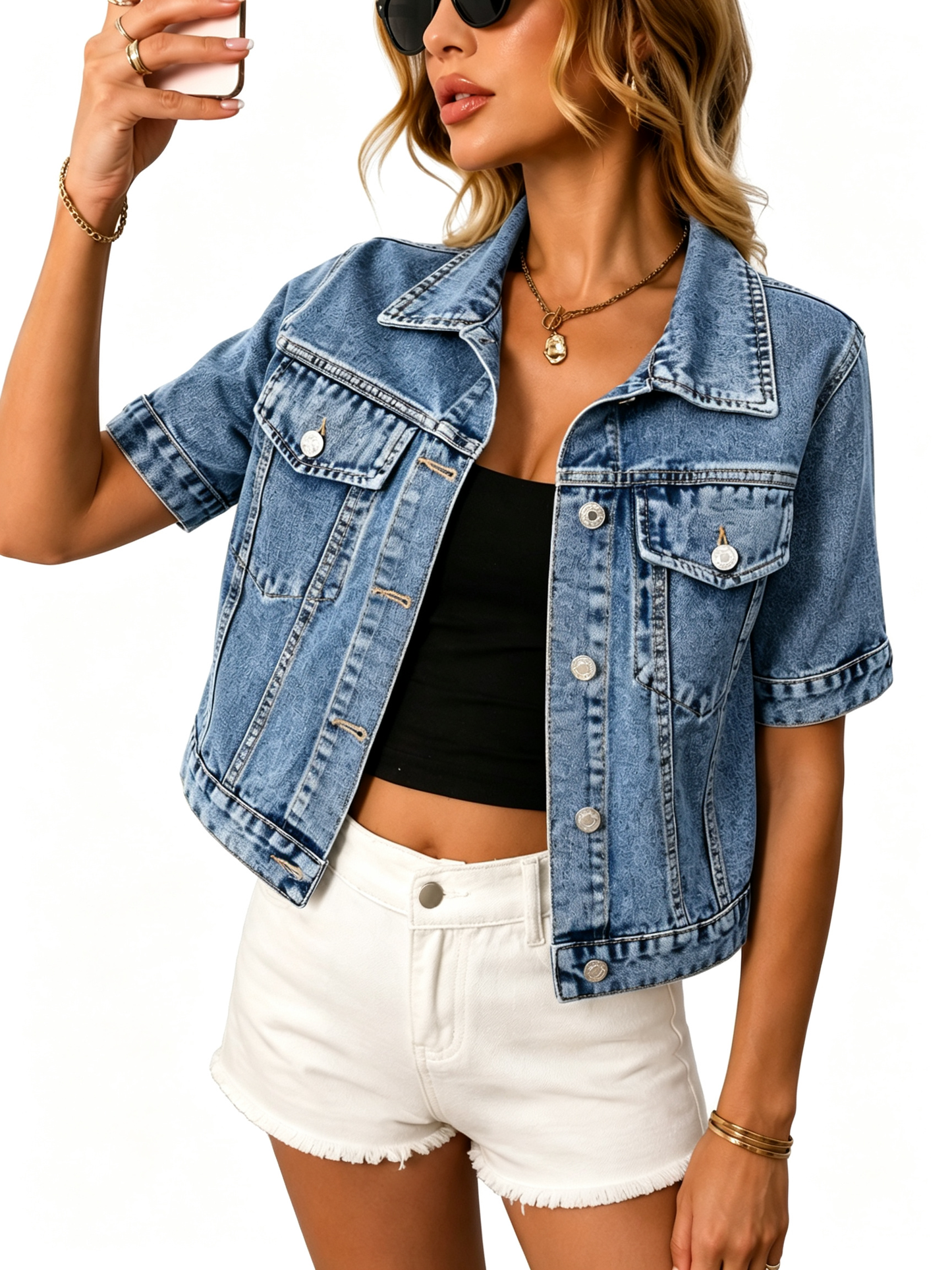 Short Sleeve Cropped Denim Jacket, Summer Fall Layering Coat