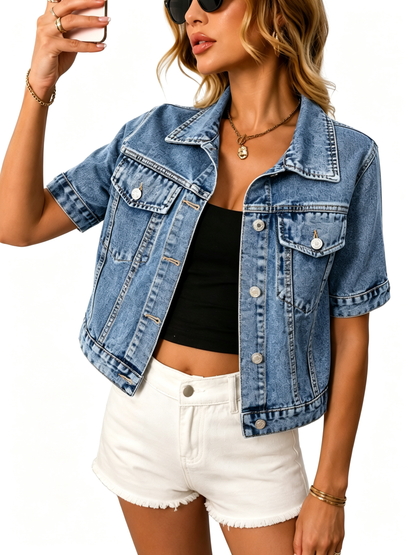 Short Sleeve Cropped Denim Jacket, Summer Fall Layering Coat