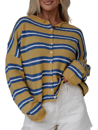 Women Striped Drop Shoulder Button Front Long Sleeve Knit Cardigan