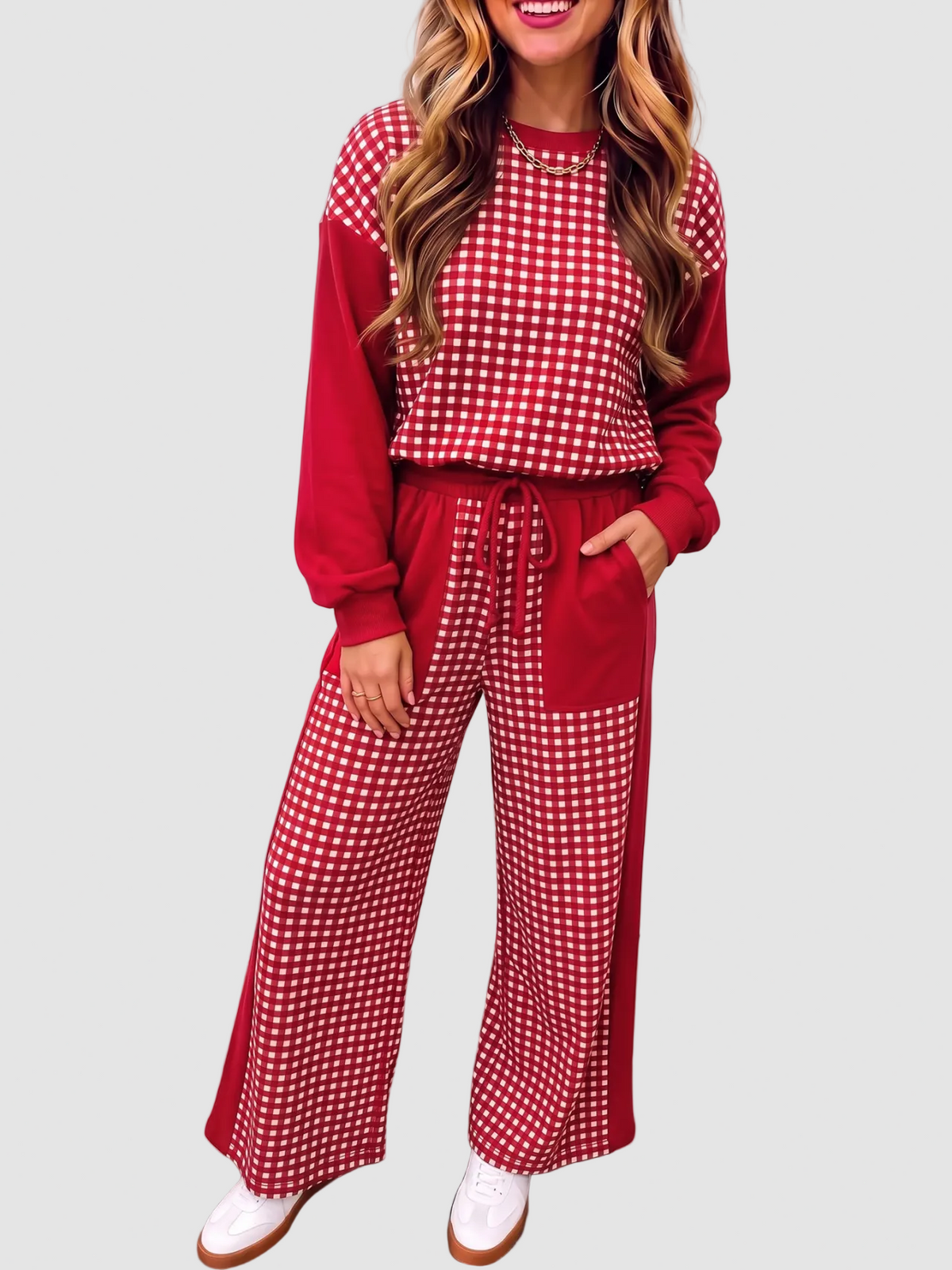 Christmas Plaid Color Block Two Piece Matching Set