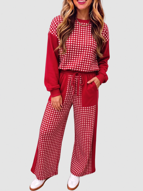 Christmas Plaid Color Block Two Piece Matching Set
