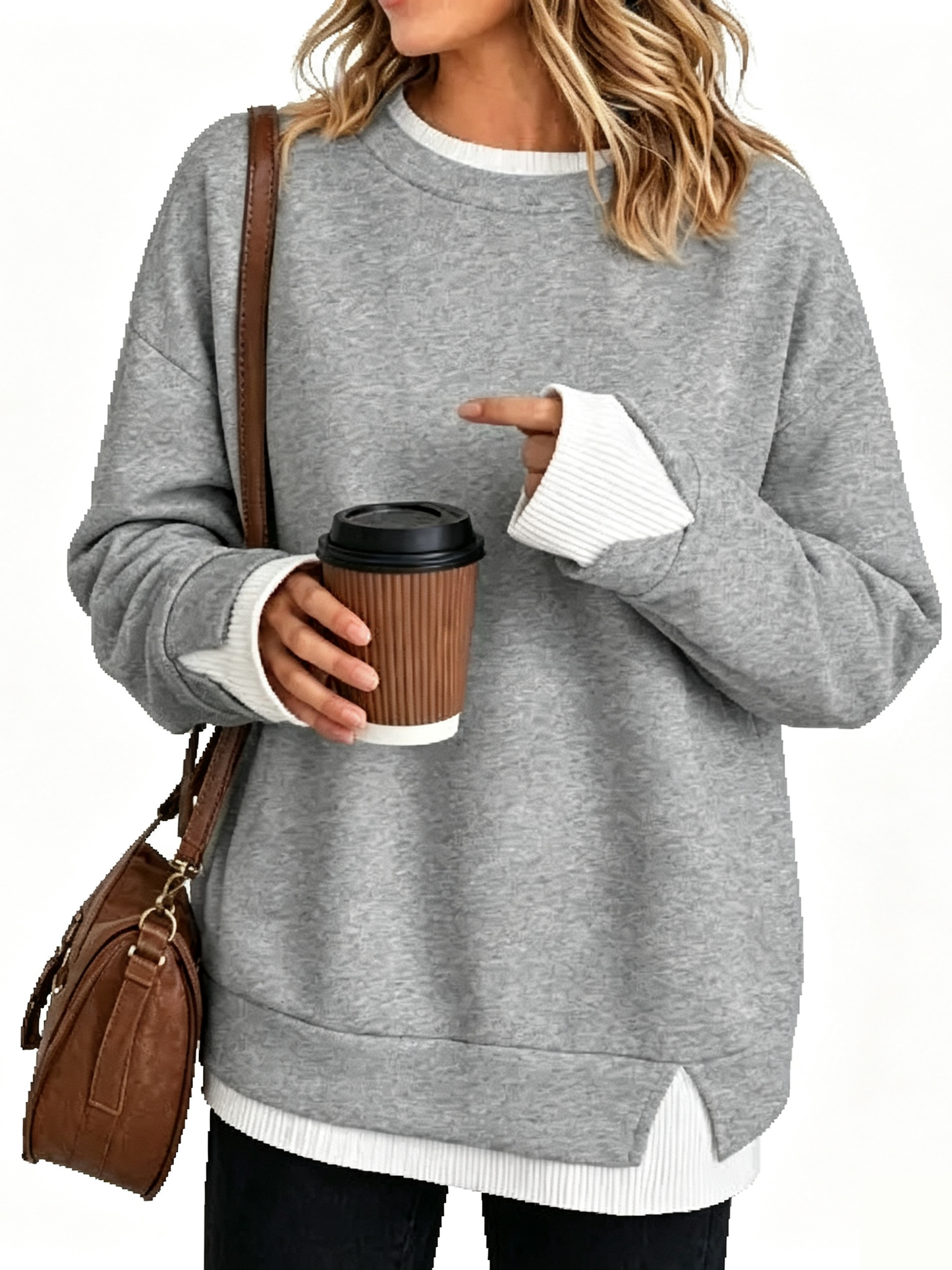 Fake Two Piece Ribbed Patchwork Oversized Crew Neck Long Sleeve Sweatshirt