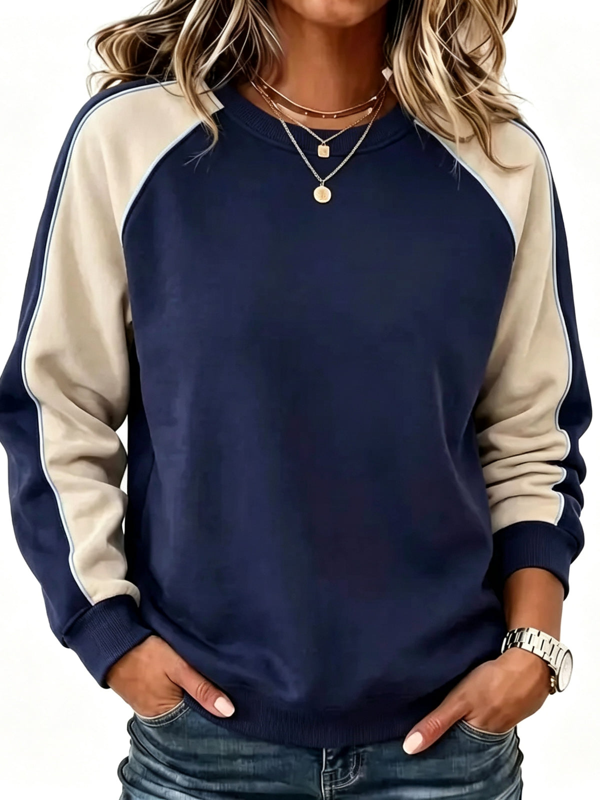 Women Color Block Raglan Sleeve Crewneck Sweatshirt