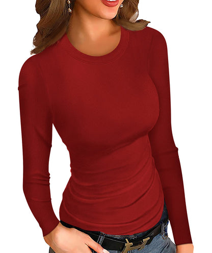 Women's Long Sleeve Stretch Slim Round Neck Ribbed Basic Shirts