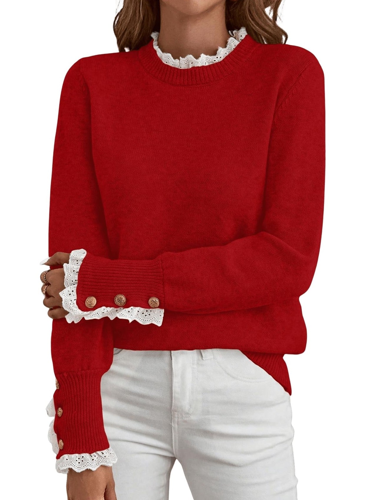✨Women's Long Sleeve Knitted Button Lace Trim Sweater