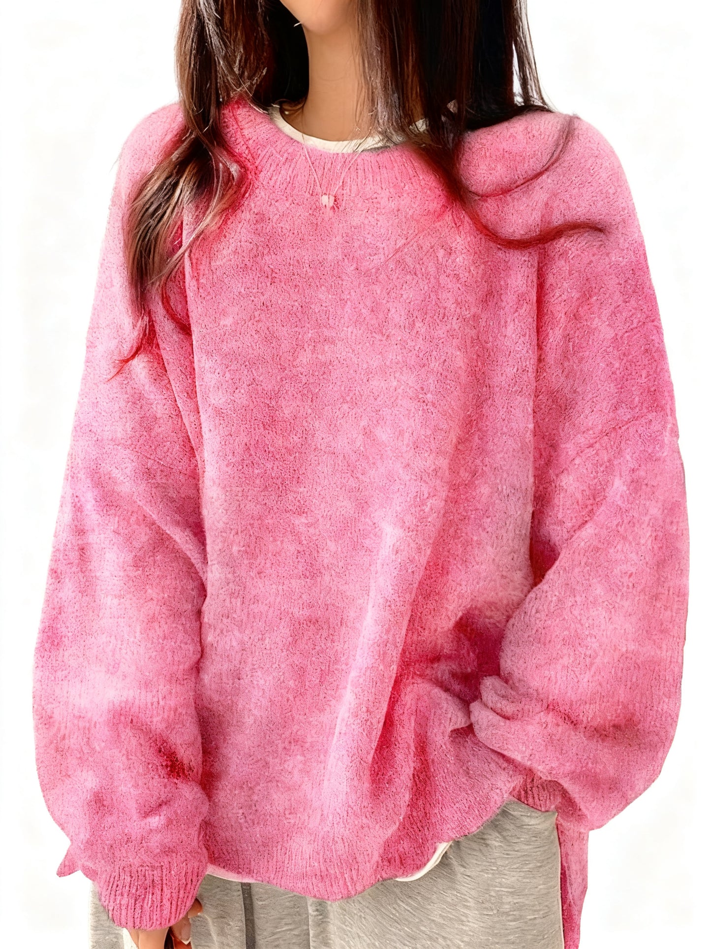 Oversized Round‑Neck Knit Sweater & Loose Split‑Hem Drop‑Shoulder Top