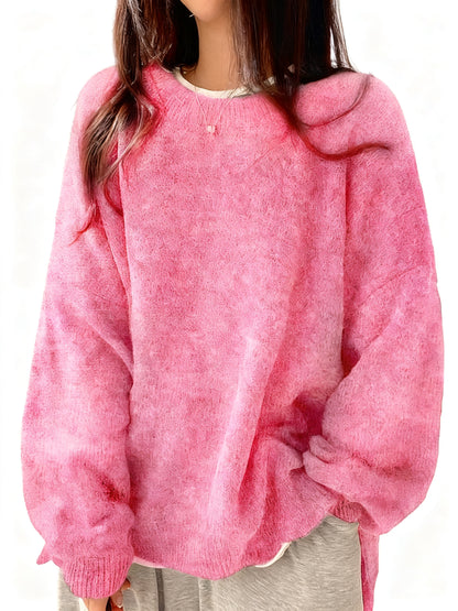 Oversized Round‑Neck Knit Sweater & Loose Split‑Hem Drop‑Shoulder Top