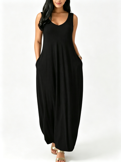 Women Sleeveless Backless Pocket Maxi Loose Casual Daily Long Dress